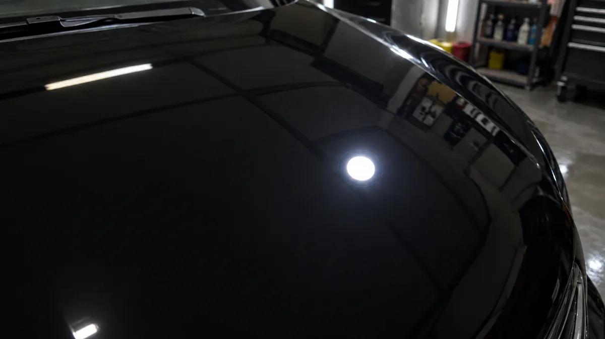 Example: black hood after a multi-step paint correction, with a flawless mirror finish