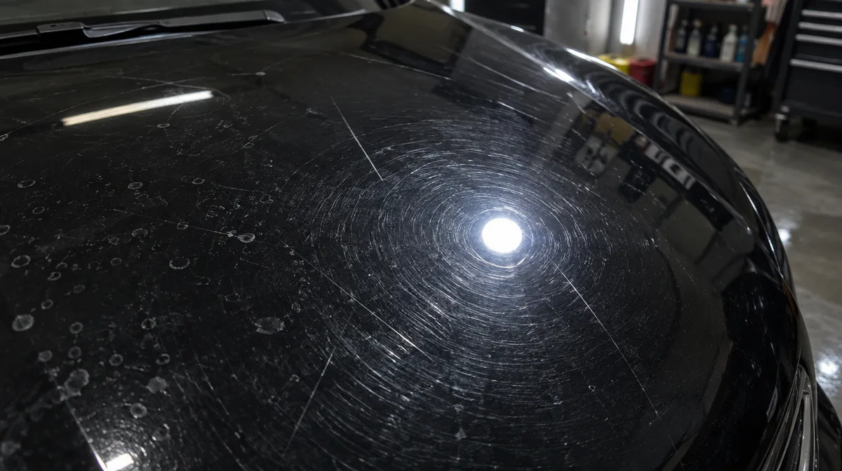 Example: black hood before paint correction, covered in swirl marks, scratches and water spot etching