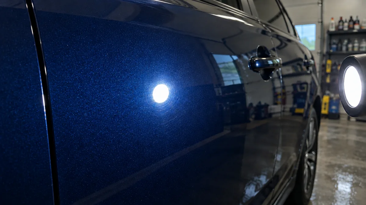 Example: dark blue door after a paint enhancement, glossy with the metallic flake showing