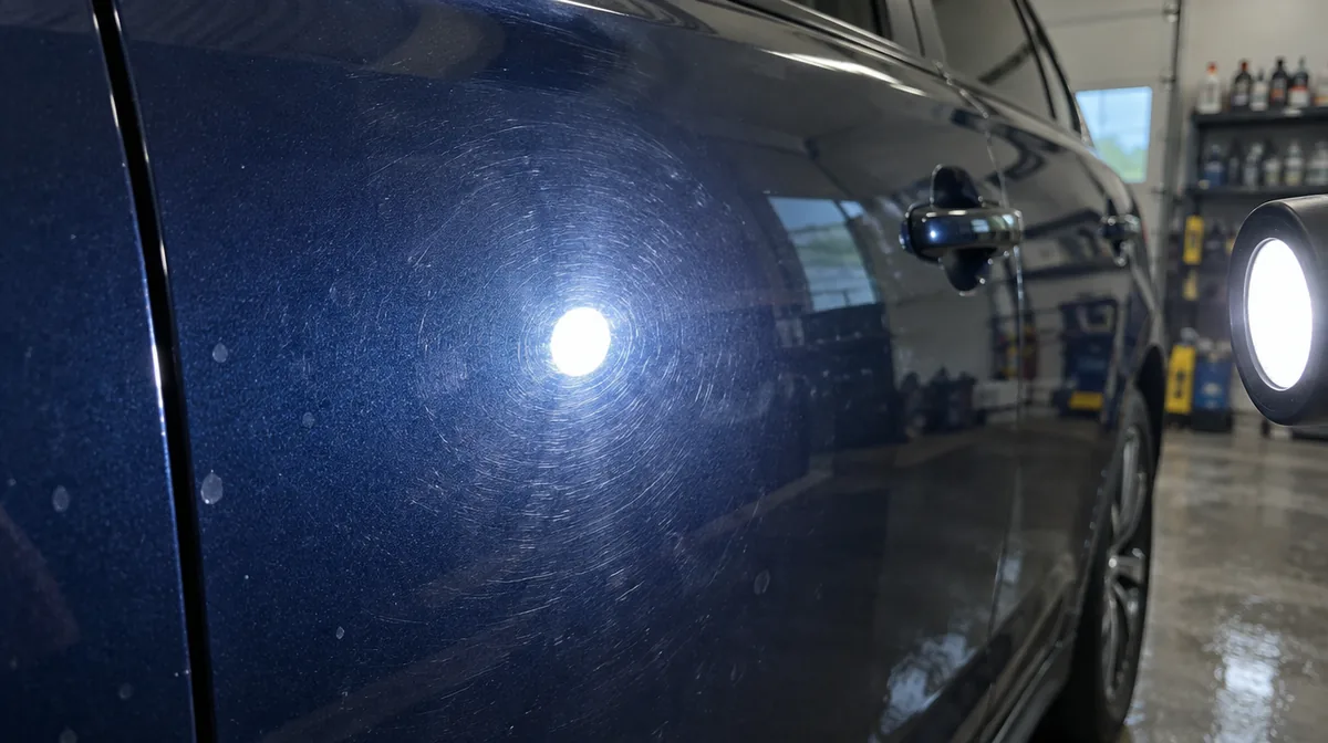 Example: dark blue door before a paint enhancement, dull with light swirl marks and water spots