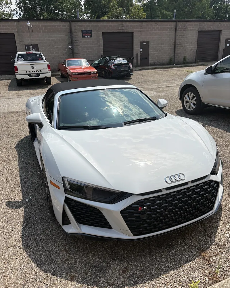 White Audi R8 after a detail, outside the Liberty studio in Powell