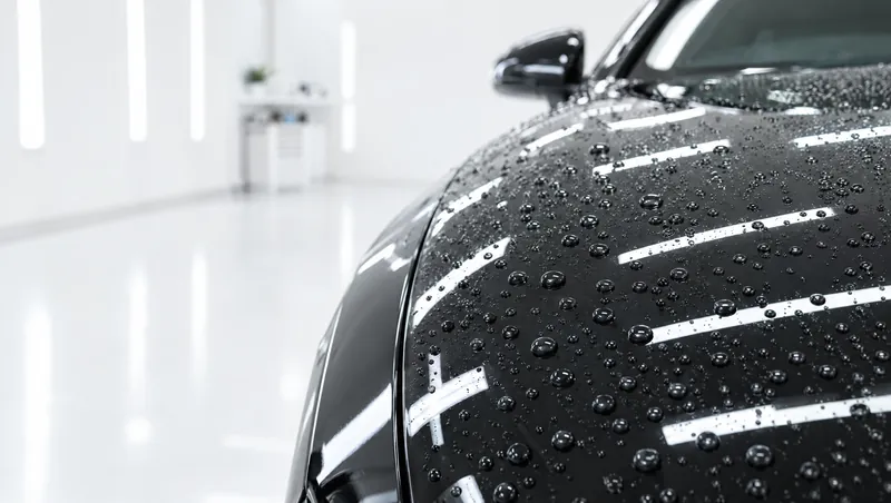 Water beading on a ceramic-coated black hood