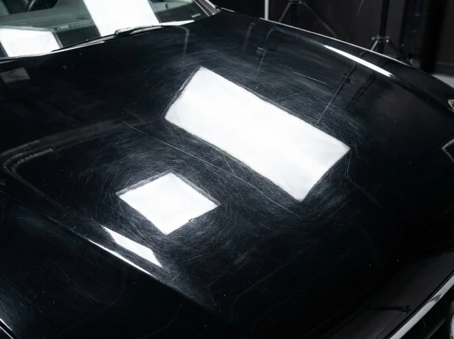 Swirl marks on black paint under an inspection light